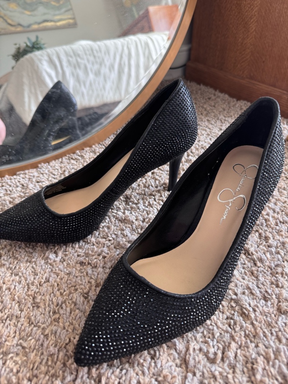 Jessica Simpson Black Crystal-Studded Pointed Toe Pumps